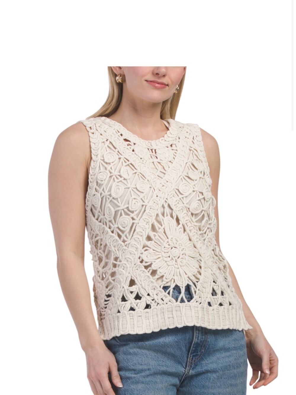 Solitaire Crochet Lace Tank Top Cream Zig Zag Boho Chic Casual size Medium